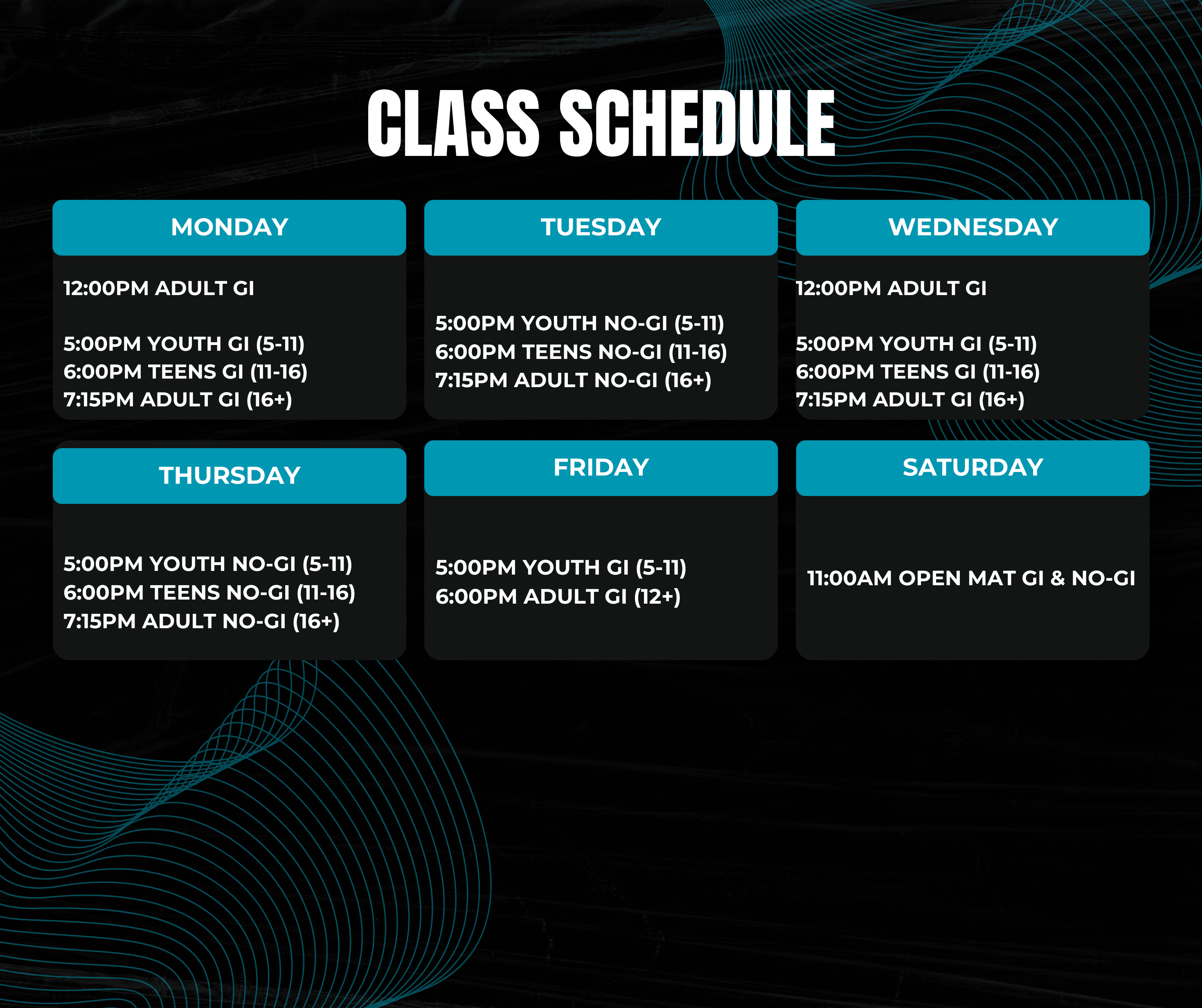 Payback BJJ weekly class schedule, Monday through Saturday: gi, no-gi, youth, and open mat classes.